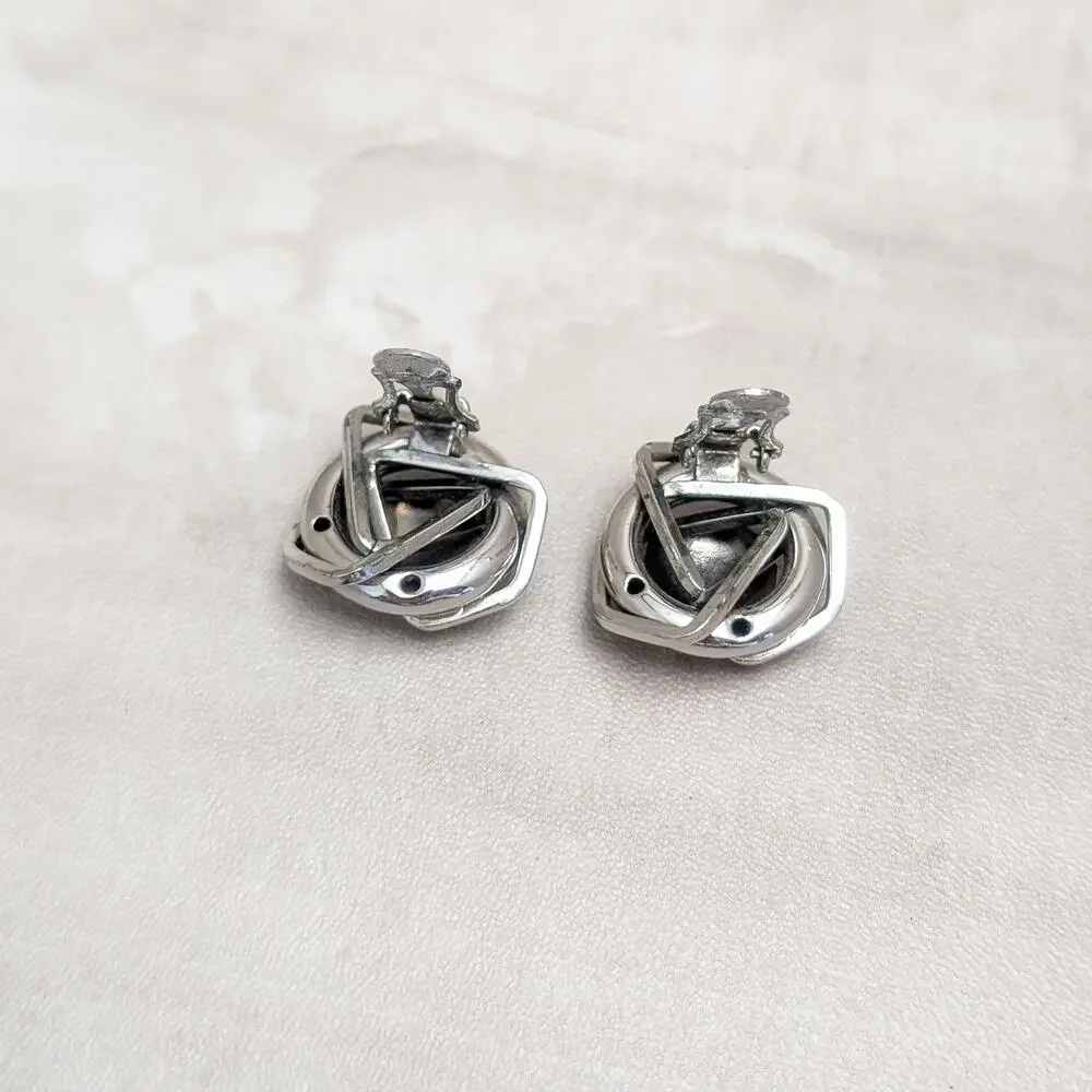 Vintage Clip On Earrings Modern MCM Design Large Statement Silver Tone